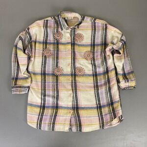 Saloon Collection Flannel Shirt Women's Large‎ Plaid Colorful Floral Beaded